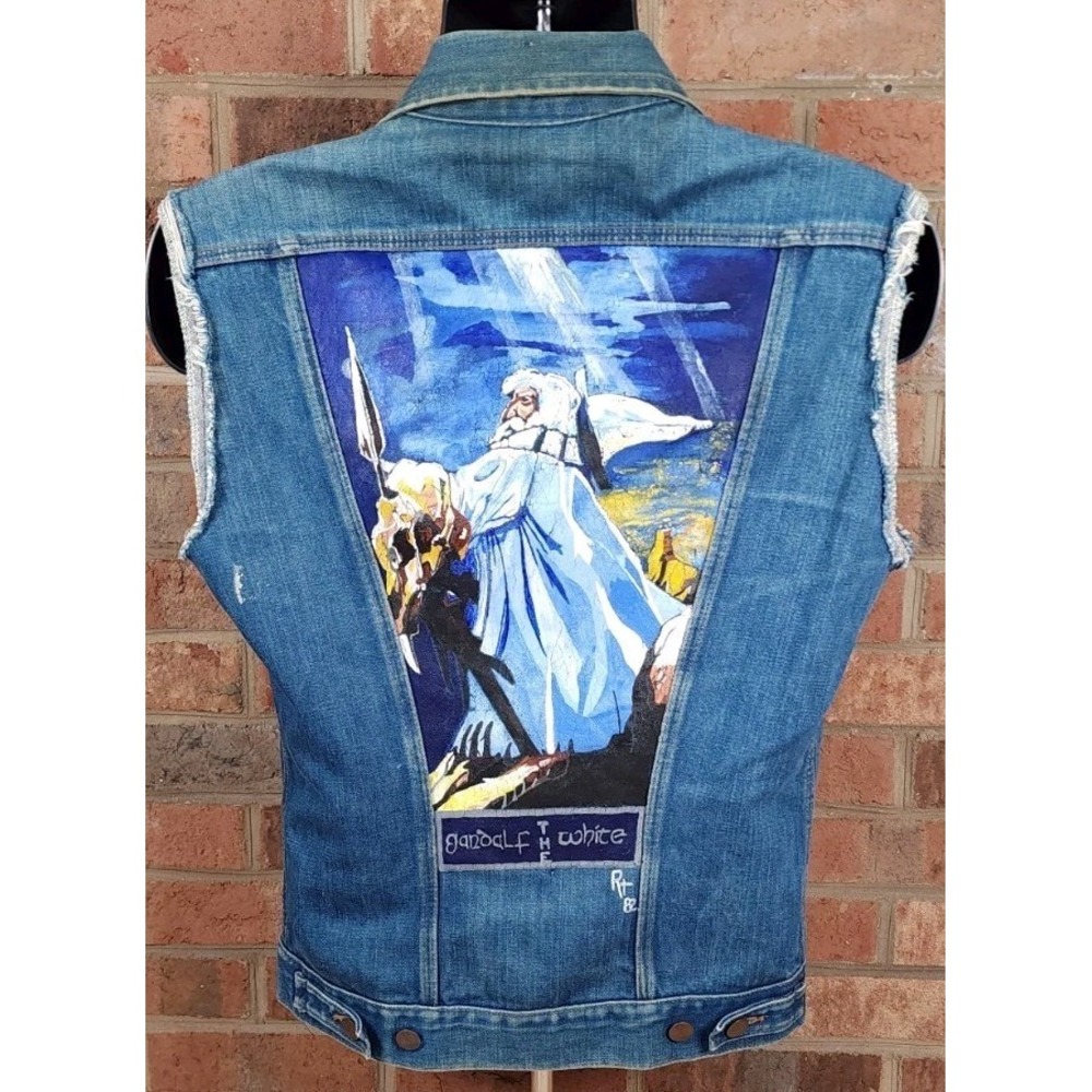 Wrangler Denim Vest Jacket Sz M Hand Painted Blue Gandalf The White 1982 Tolkien